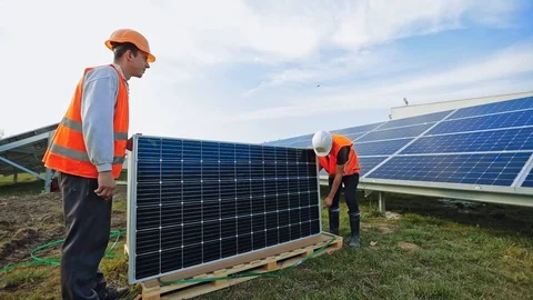 Installation of solar panels outdoors. Stock Footage 124708556