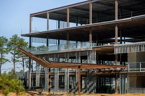 Installation steel frame structure frame is under a construction Stock Photos