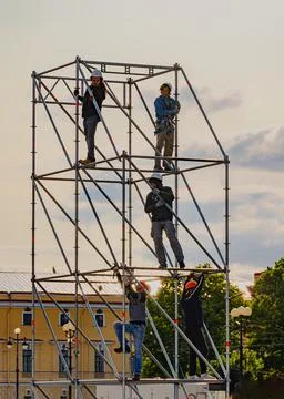 Installation of structures for the stage on the eve of the Day of Independenc Stock Photos
