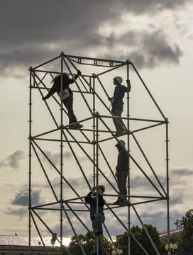 Installation of structures for the stage on the eve of the Day of Independenc Stock Photos