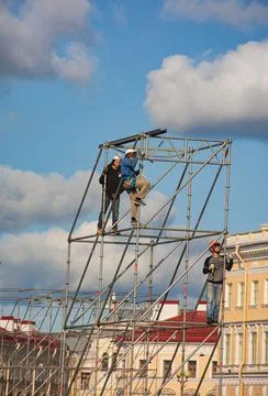 Installation of structures for the stage on the eve of the Day of Independenc Stock Photos
