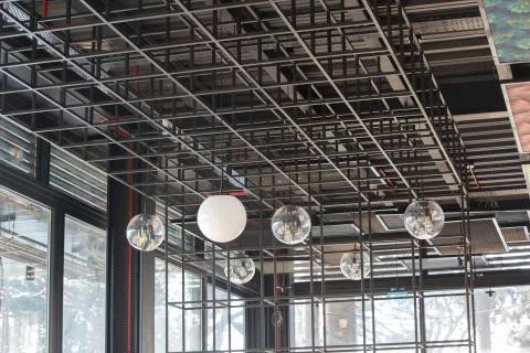 Installation of suspended ceilings. 스톡 사진