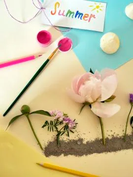 Installation on the theme of summer, paint, blue clay, flowers Stock Photos