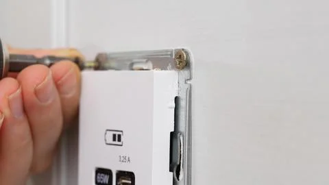 Installation of a USB Type-C socket at the head of the bed for charging devices. Stock Photos