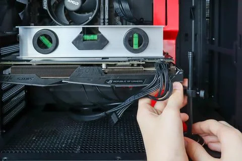 Installation of a video card in a personal computer close-up Stock Photos