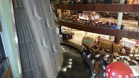 Installation with a waterfall inside Dubai Mall,  Stock Footage 94218802
