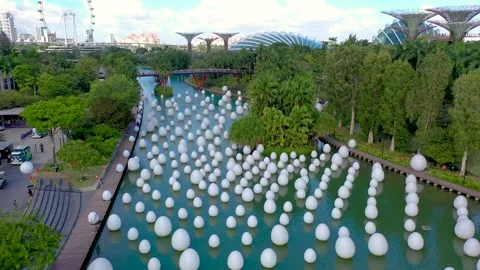 Installation of white eggs floating in water. Eggs are among seven interactive 動画素材 146624912