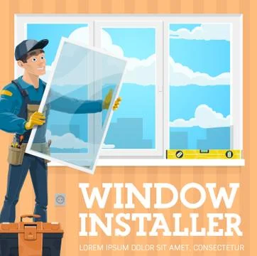 Installation of window. Installer, tool kit, level Stock Illustration
