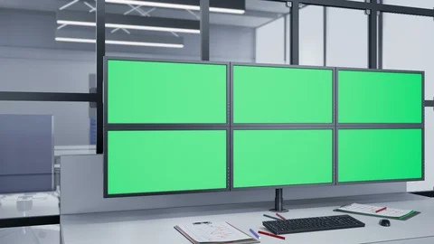 Installed at angle camera dolly slides near Multiple Monitors with chroma key. 動画素材 89871004