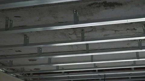 Installed Metal Stud Framing Carcass for Plasterboard Drywall Hanging Ceiling 4K Vídeos de archivo 156172146