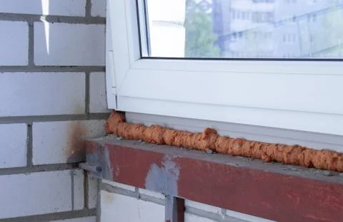 Installed plastic window with polyurethane foam, inside view. Construction Stock Photos