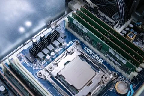 Installed Processor and RAM Modules Inside Motherboard Stock Photos