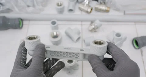 Installer aligns twin outlet bracket and verifies distance Stockbeeldmateriaal 322008054