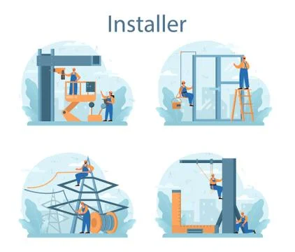 Installer concept set. Worker in uniform installing constructions. Professional Ilustração Stock