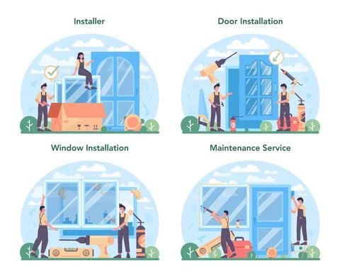 Installer concept set. Worker in uniform installing window and door. Ilustração Stock