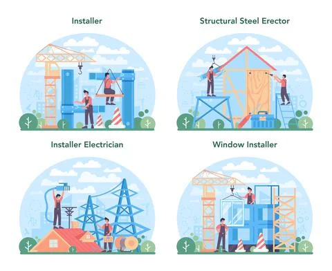 Installer concept set. Worker in uniform installing constructions. Stock Illustration