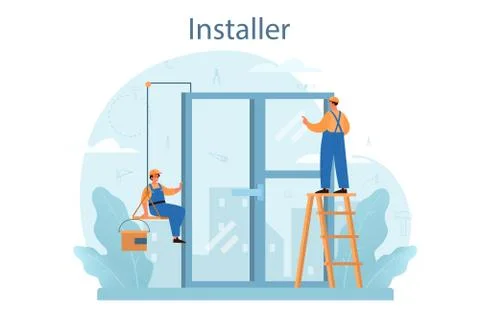 Installer concept. Worker in uniform installing constructions. Professional Ilustração Stock
