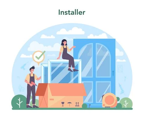 Installer concept. Worker in uniform installing window and door. Ilustração Stock