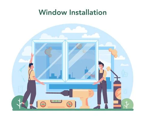 Installer concept. Worker in uniform installing window and door. Stock Illustration