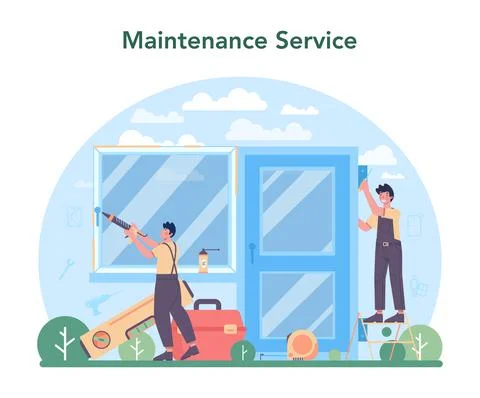 Installer concept. Worker in uniform installing window and door. Ilustração Stock