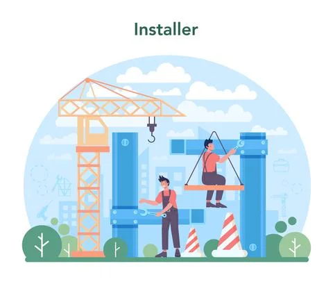 Installer concept. Worker in uniform installing constructions. Ilustração Stock