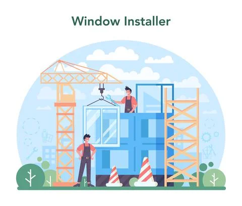 Installer concept. Worker in uniform installing windows. Professional service Ilustração Stock