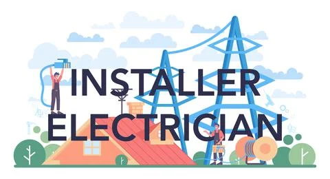 Installer electrician typographic header. Worker in uniform installing Stock Illustration
