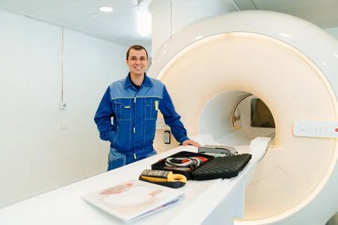 Installer engineer of mri apparatus with tools near scanner Stock Photos