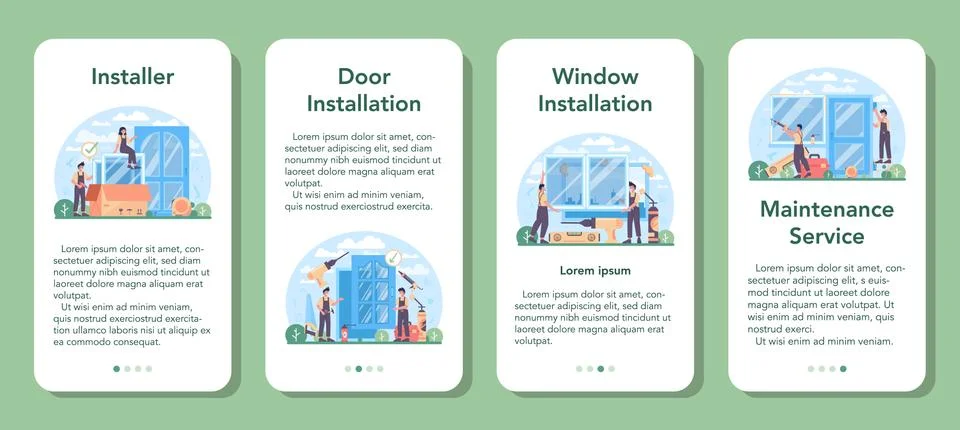 Installer mobile application banner set. Worker in uniform installing window Stock Illustration