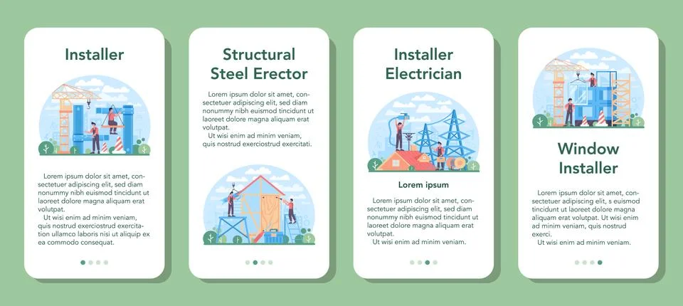 Installer mobile application banner set. Worker in uniform installing Ilustração Stock
