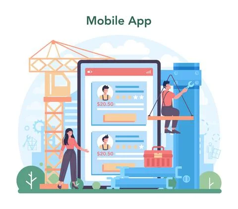 Installer online service or platform. Worker in uniform installing Ilustração Stock