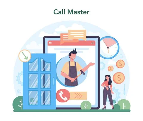 Installer online service or platform. Worker in uniform installing window Ilustração Stock