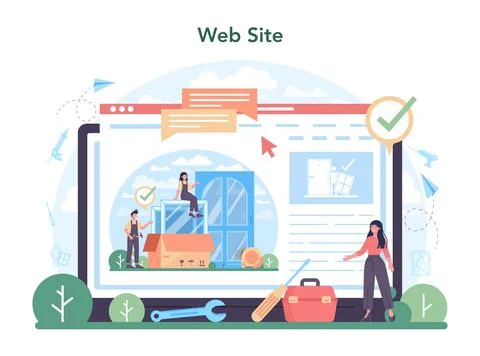Installer online service or platform. Worker in uniform installing window Ilustração Stock