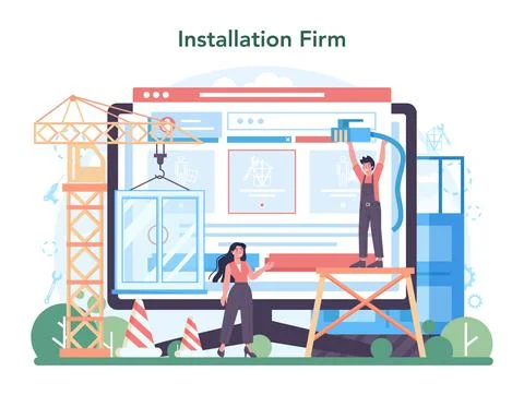 Installer online service or platform. Worker in uniform installing Ilustração Stock