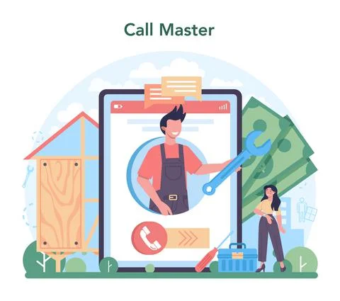 Installer online service or platform. Worker in uniform installing Ilustração Stock
