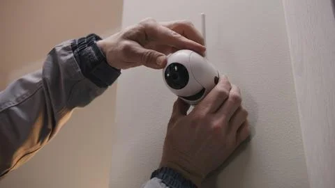 Installer puts security camera on wall mount Stock Photos