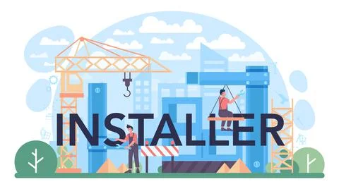 Installer typographic header. Worker in uniform installing Ilustração Stock