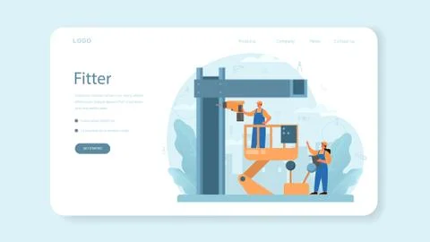Installer web banner or landing page. Worker in uniform installing constructions Ilustração Stock