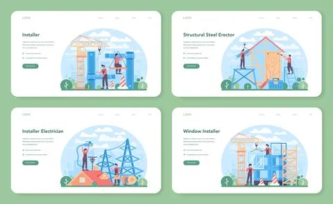 Installer web banner or landing page set. Worker in uniform installing Ilustração Stock