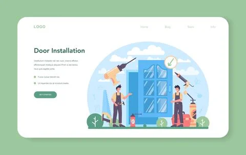 Installer web banner or landing page. Worker in uniform installing window Ilustração Stock