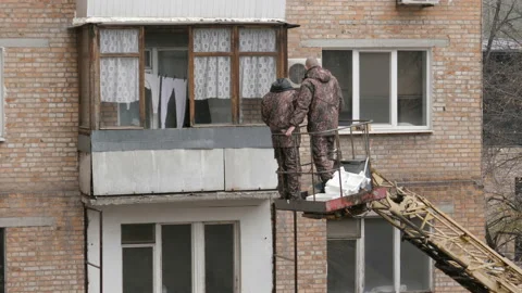 Installer Workers Moving by Lifting Platform Stock Footage 195004424