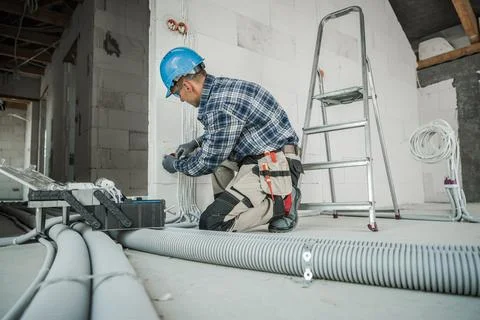 Installer Working with Electrical Cables on the Construction Site Stock Photos