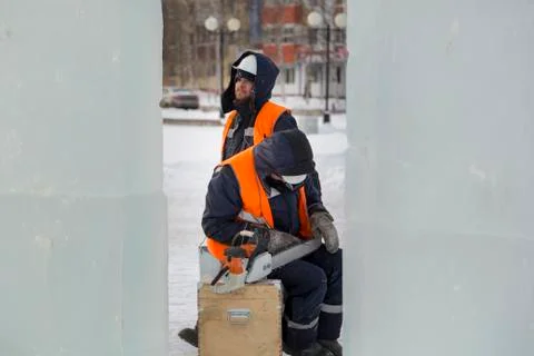 Installers at the construction of the ice town 写真素材