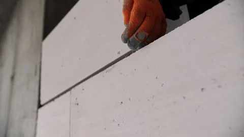 Installing Aerated Concrete Block Wall Close Up Stock Footage 327812127