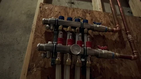 Installing basement heating pipes for water heating. Move camera 스톡 동영상 206963461