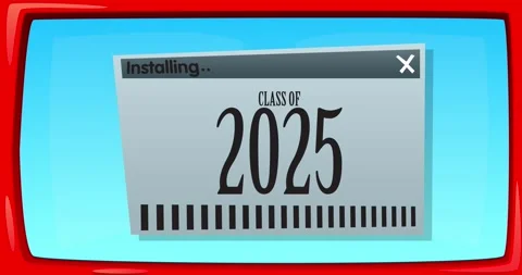 Installing Class of 2025 text on a cartoon screen animation Stock Footage 308428885
