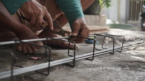 Installing concrete steel reinforcement Stock Photos