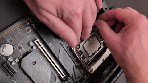 Installing CPU and cooling system on computer motherboard. Vertical video Video stock 264153571