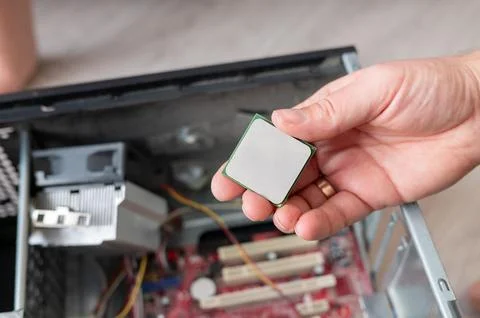Installing cpu into computer motherboard by caucasian male adult Stock Photos