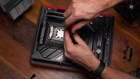 Installing CPU cooler on motherboard. Perfect for tech tutorials or build Stock Footage 301636182